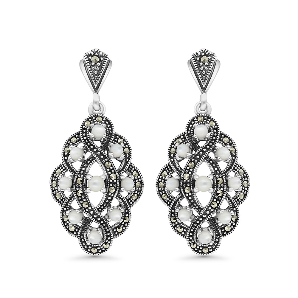 Sterling Silver 925 Earring Embedded With Natural White Shell And Marcasite Stones