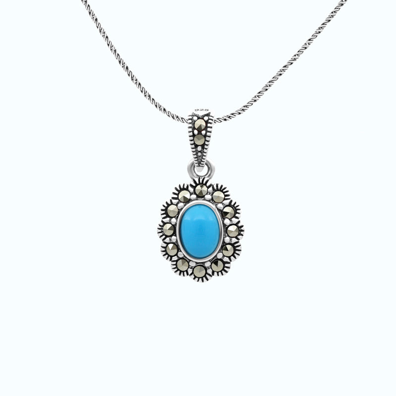 Sterling Silver 925 Pendant Embedded With Natural Processed Turquoise And Marcasite Stones