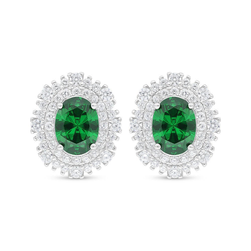 Sterling Silver 925 Earring Rhodium Plated Embedded With Emerald Zircon And White Zircon