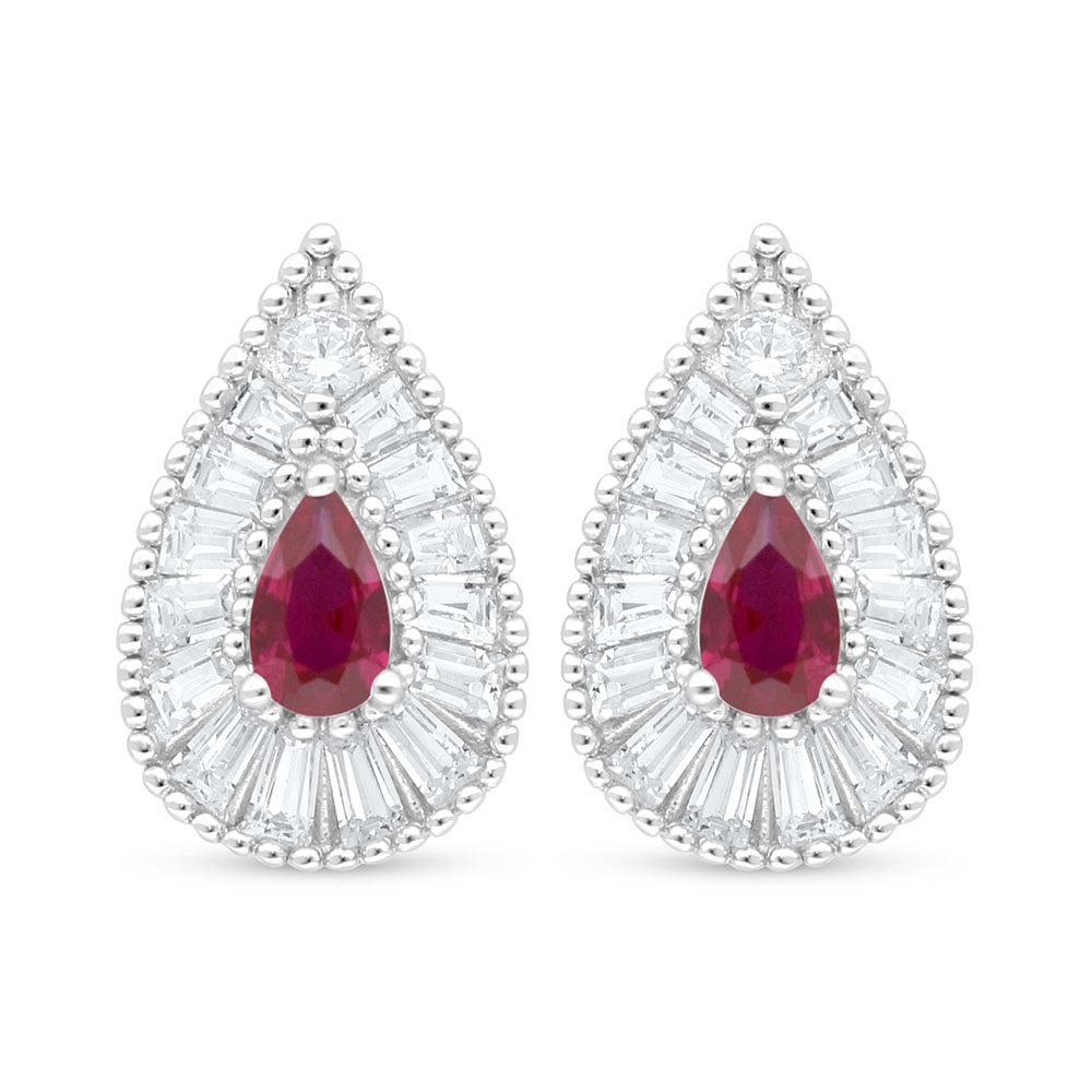 Sterling Silver 925 Earring Rhodium Plated Embedded With Ruby Corundum And White Zircon