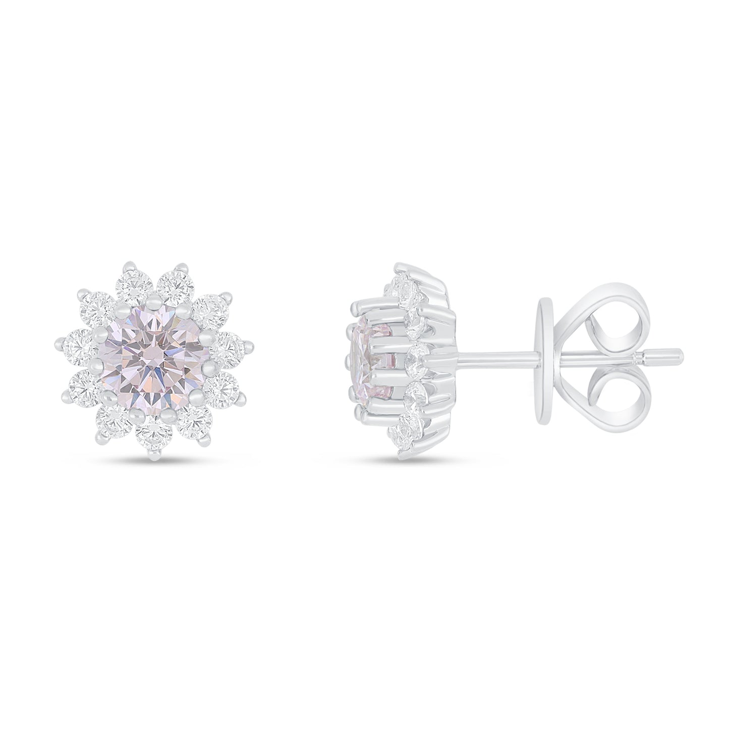 Sterling Silver 925 Earring Rhodium Plated Embedded With Pink Zircon And White Zircon