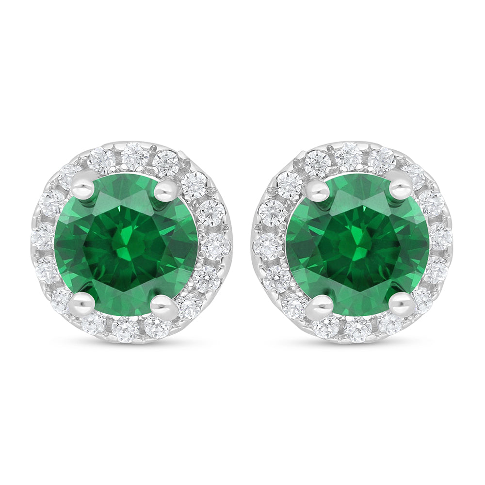 Sterling Silver 925 Earring Rhodium Plated Embedded With Emerald Zircon And White Zircon