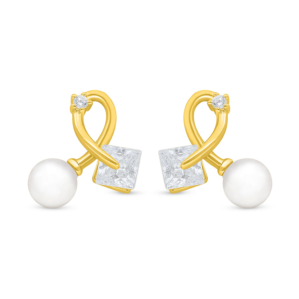 Sterling Silver 925 Earring Golden Plated Embedded With Natural White Pearl And White Zircon
