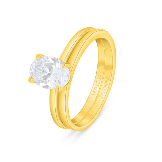 Sterling Silver 925 Ring (Twins) Golden Plated Embedded With White Zircon