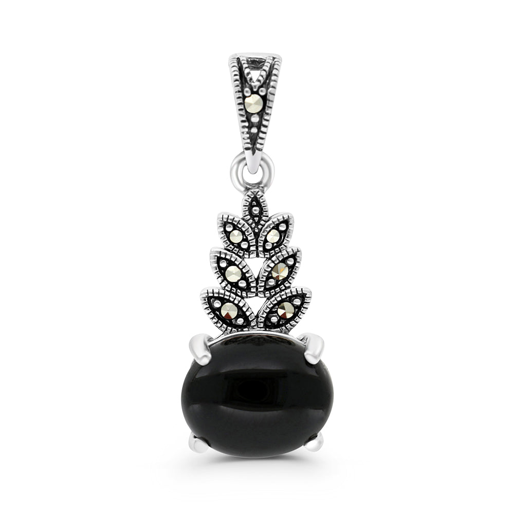 Sterling Silver 925 Pendant Embedded With Natural Black Agate And Marcasite Stones
