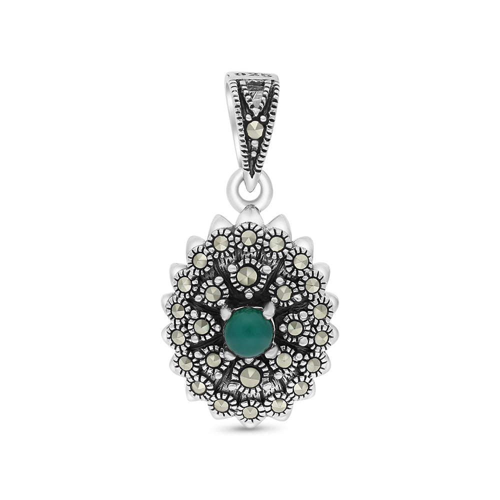 Sterling Silver 925 Pendant Embedded With Natural Green Agate And Marcasite Stones