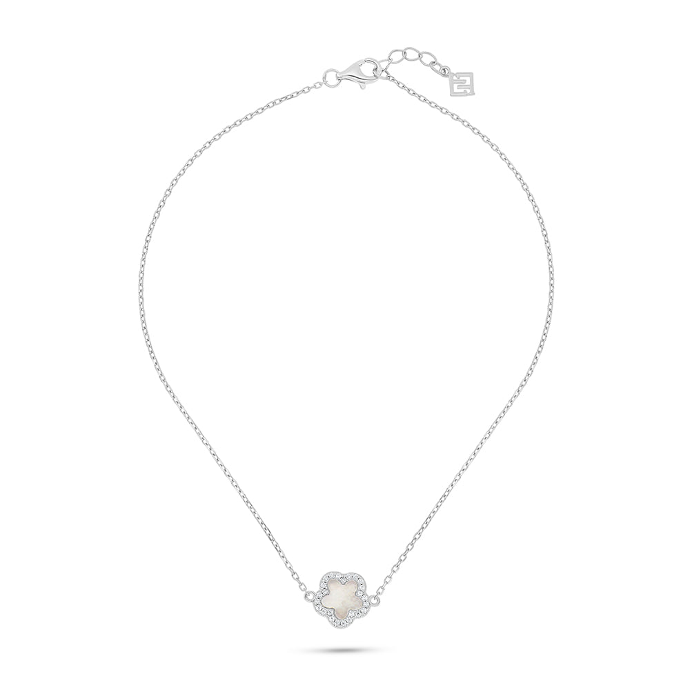 Sterling Silver 925 Anklet Rhodium Plated Embedded With White Shell And White Zircon