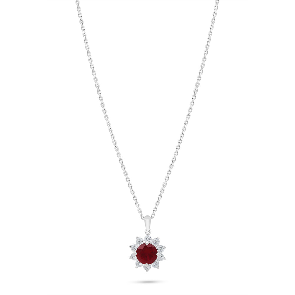 Sterling Silver 925 Necklace Rhodium Plated Embedded With Ruby Corundum And White Zircon
