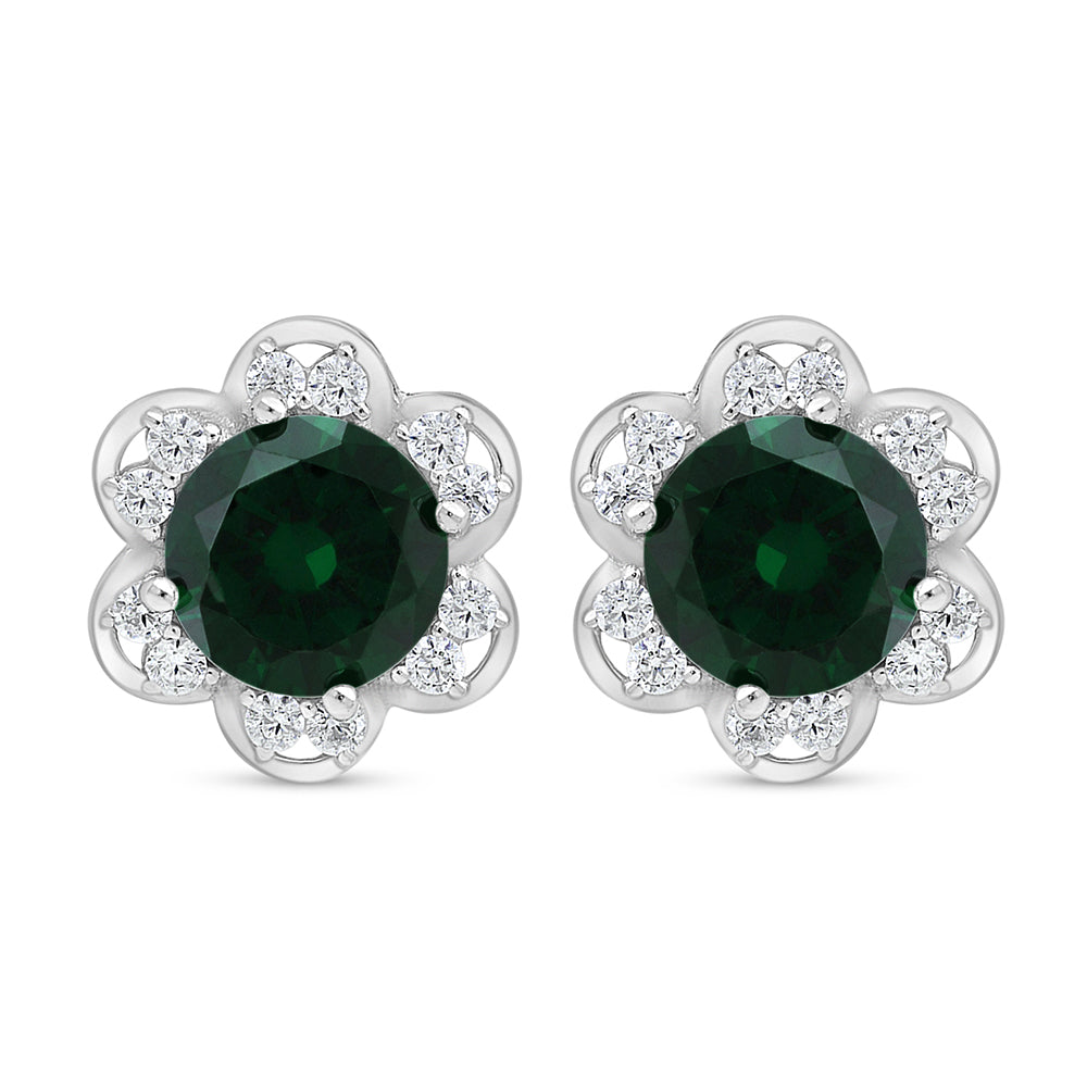 Sterling Silver 925 Earring Rhodium Plated Embedded With Emerald Zircon And White Zircon