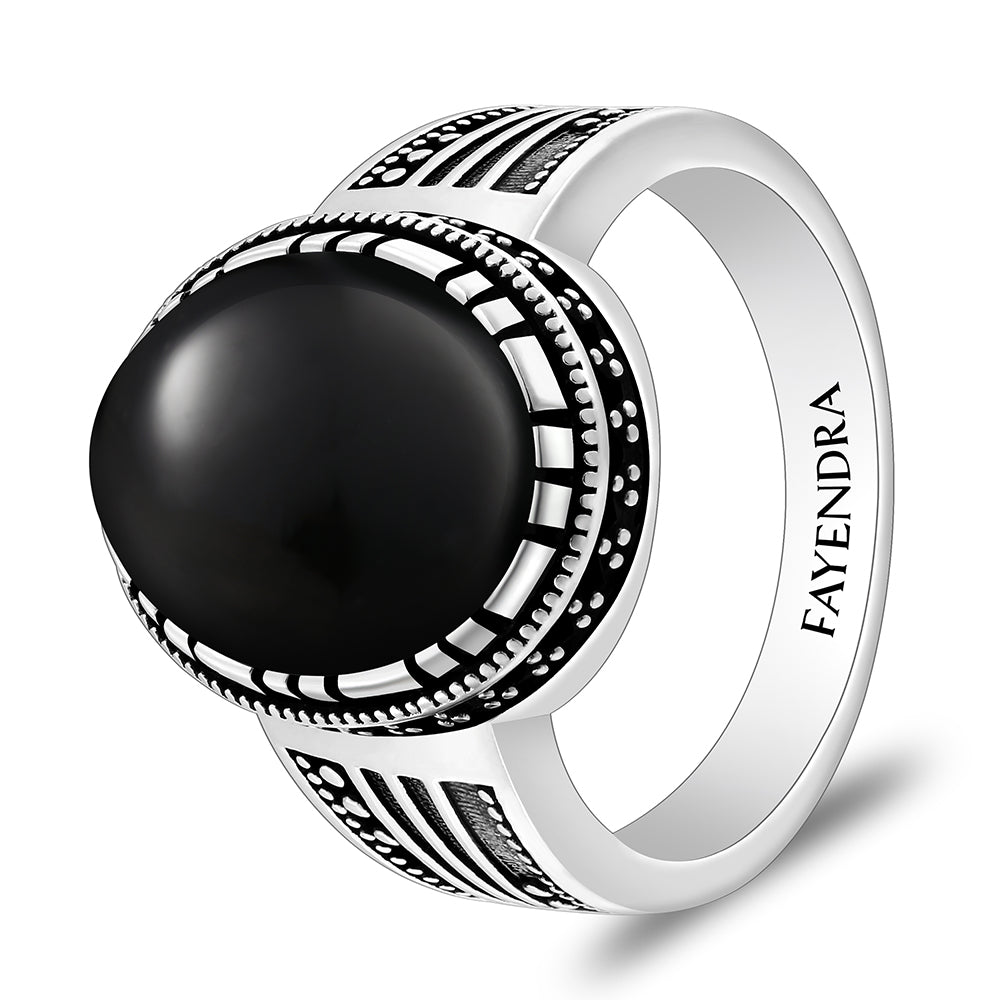 خاتم رجالي من الفضة الخالصة عيار 925 مطلي روديوم و اسود مرصع احجار عقيق اسود طبيعي كابشون