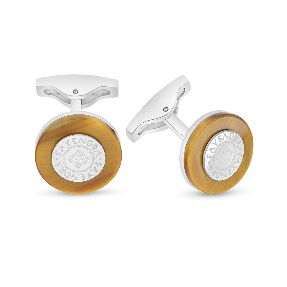 Stainless Steel Cufflink 316L Embedded With Yellow Tiger Eye Shiny Steel