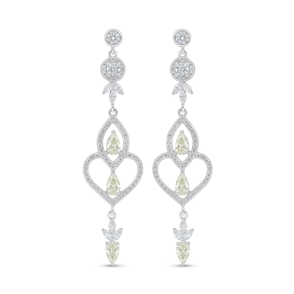 Sterling Silver 925 Earring Rhodium Plated Embedded With Yellow Diamond And White Zircon