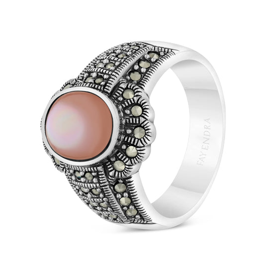Sterling Silver 925 Ring Embedded With Natural Pink Shell And Marcasite Stones