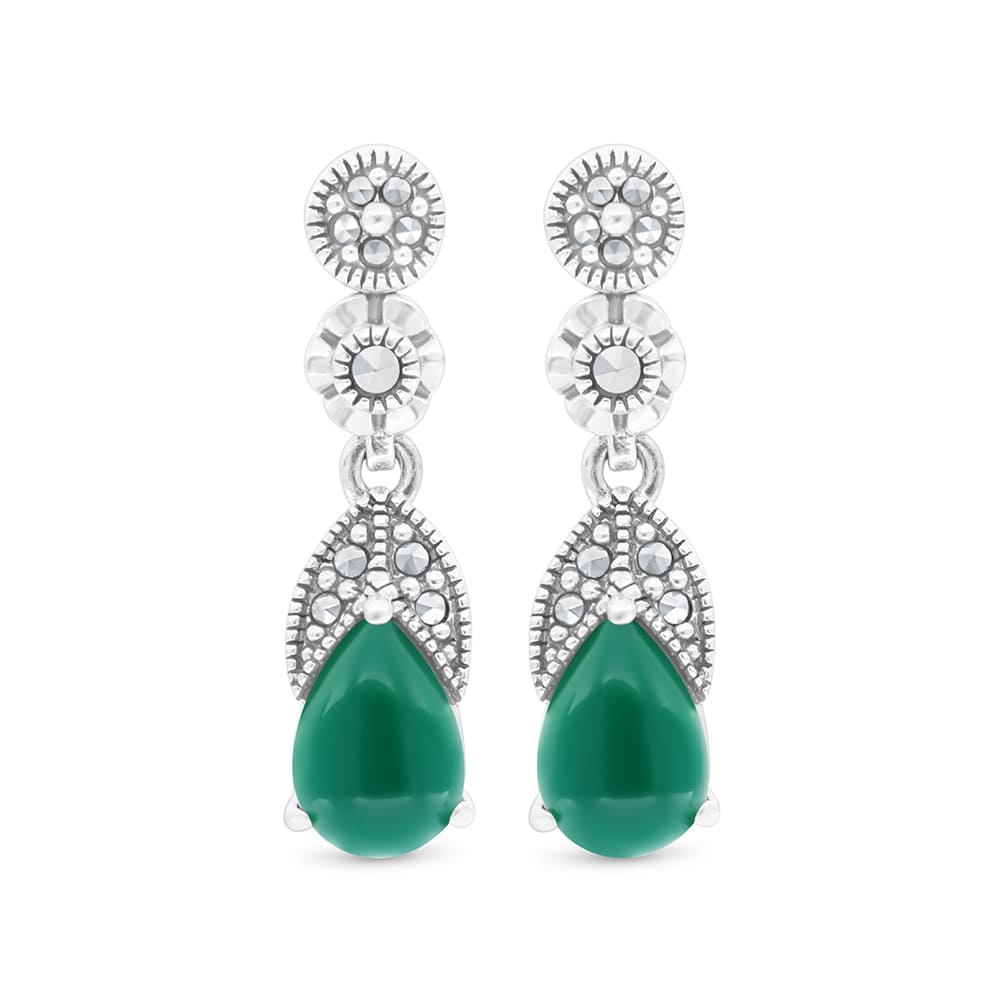 Sterling Silver 925 Earring Embedded With Natural Green Agate And Marcasite Stones