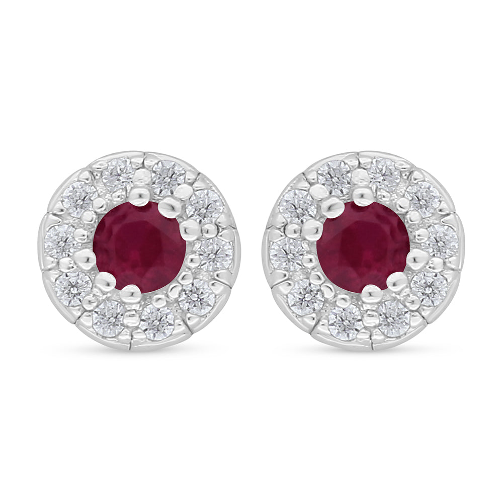 Sterling Silver 925 Earring Rhodium Plated Embedded With Ruby Corundum And White Zircon