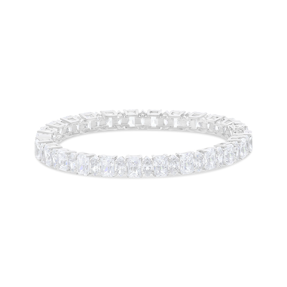 Sterling Silver 925 Bangle Rhodium Plated Embedded With White Zircon Size 5.5