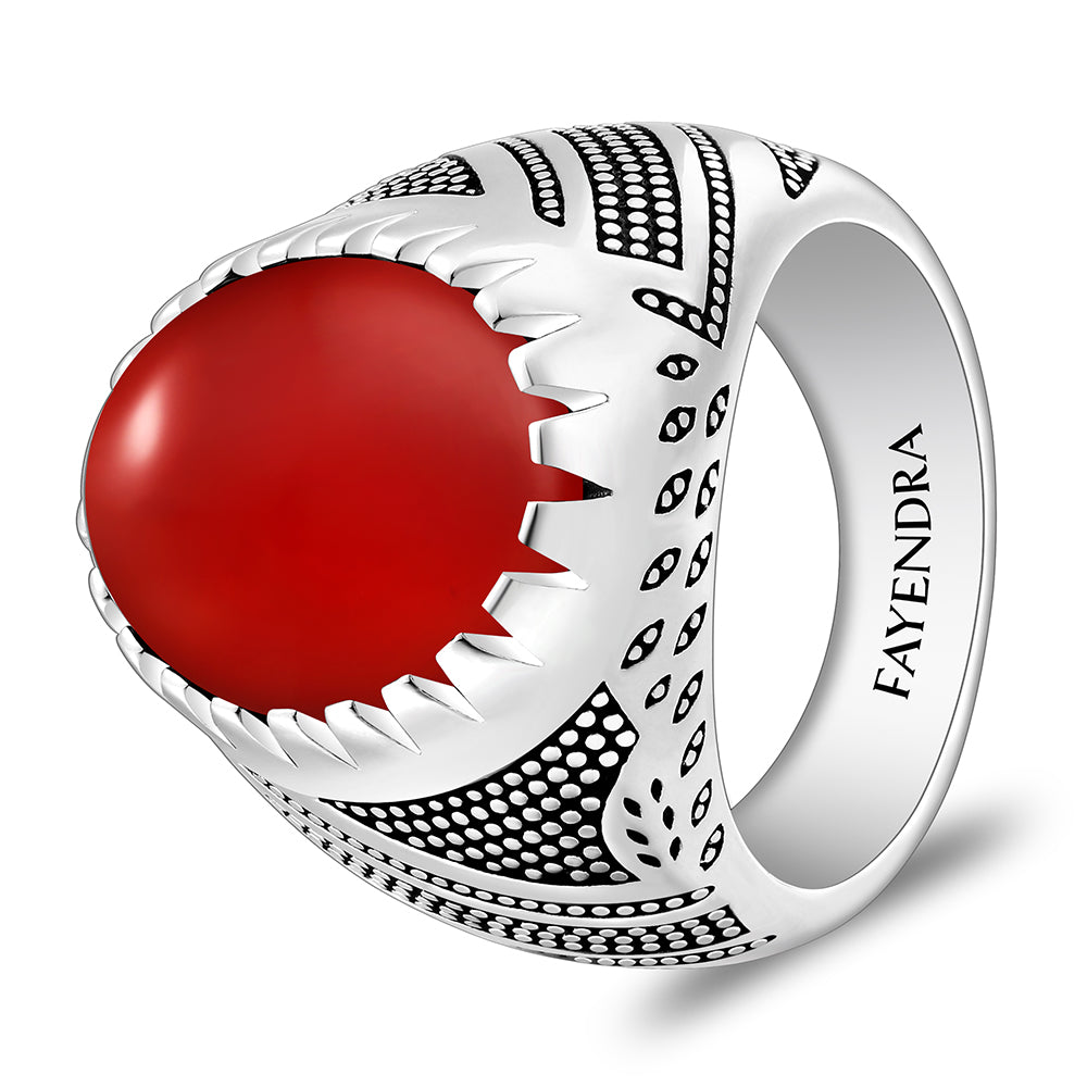 خاتم رجالي من الفضة الخالصة عيار 925 مطلي روديوم و اسود مرصع احجار عقيق احمر كابشون