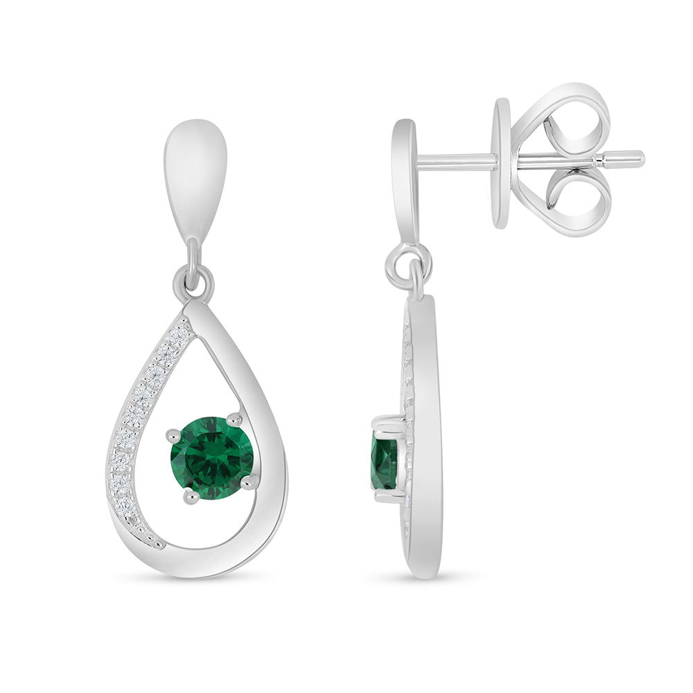 Sterling Silver 925 Earring Rhodium Plated Embedded With Emerald Zircon And White Zircon