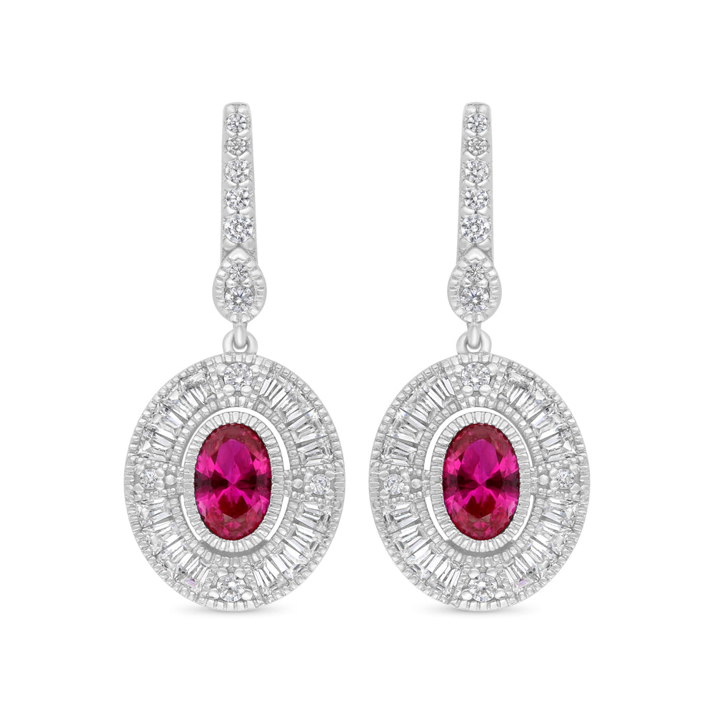 Sterling Silver 925 Earring Rhodium Plated Embedded With Ruby Corundum And White Zircon