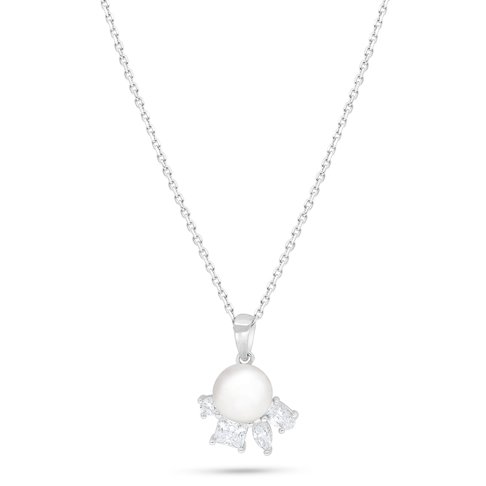 Sterling Silver 925 Necklace Rhodium Plated Embedded With Natural White Pearl And Diamond Zircon And White Zircon