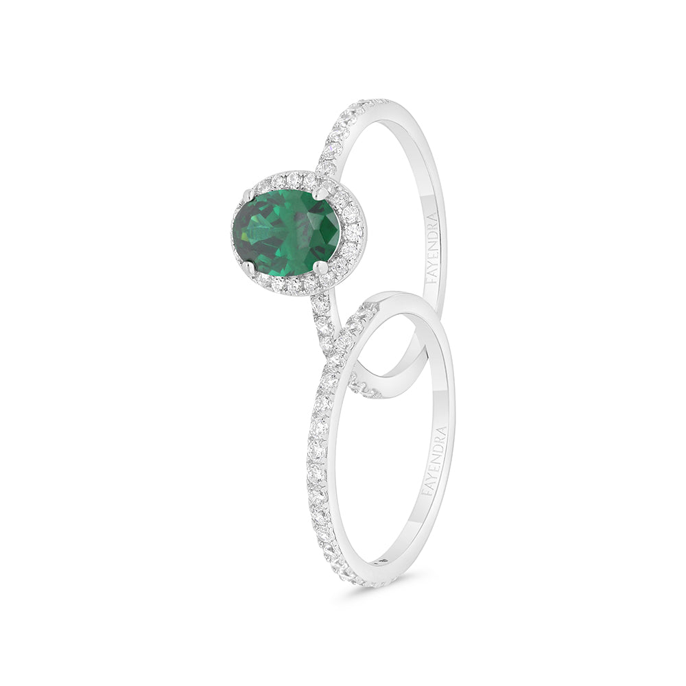 Sterling Silver 925 Ring (Twins) Rhodium Plated Embedded With Emerald Zircon And White CZ