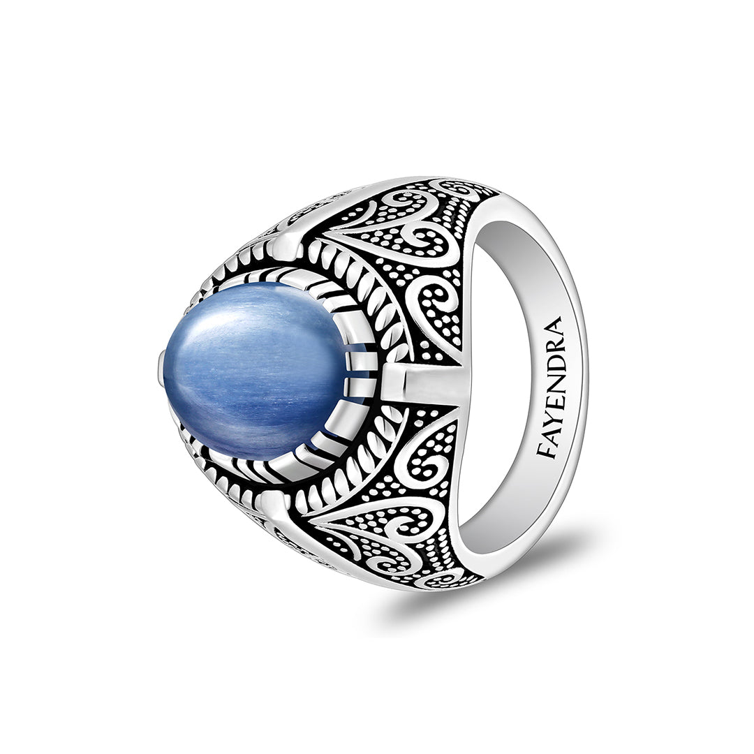 خاتم رجالي من الفضة الخالصة عيار 925 مطلي روديوم و اسود مرصع احجار كيانيت طبيعي كابشون