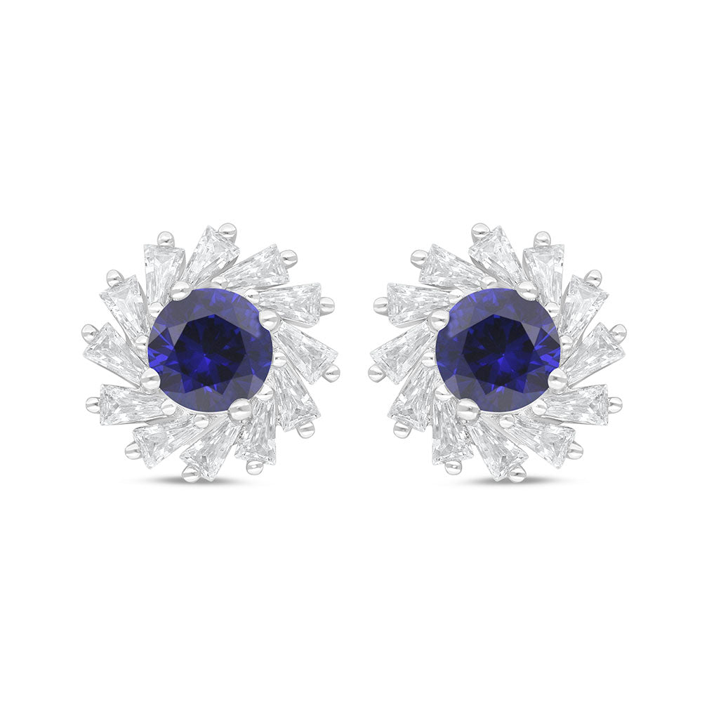 Sterling Silver 925 Earring Rhodium Plated Embedded With Sapphire Corundum And White Zircon