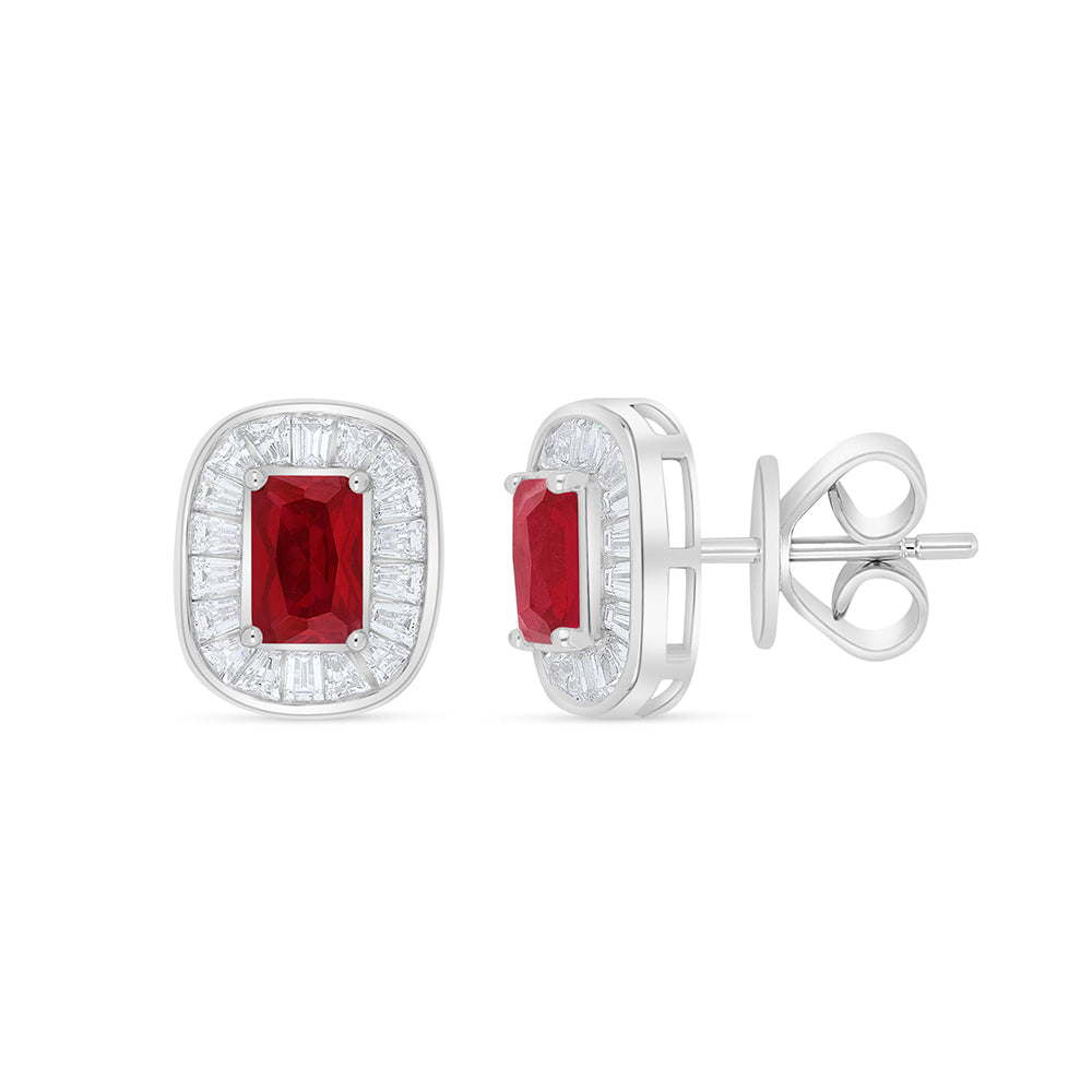 Sterling Silver 925 Earring Rhodium Plated Embedded With Ruby Corundum And White Zircon