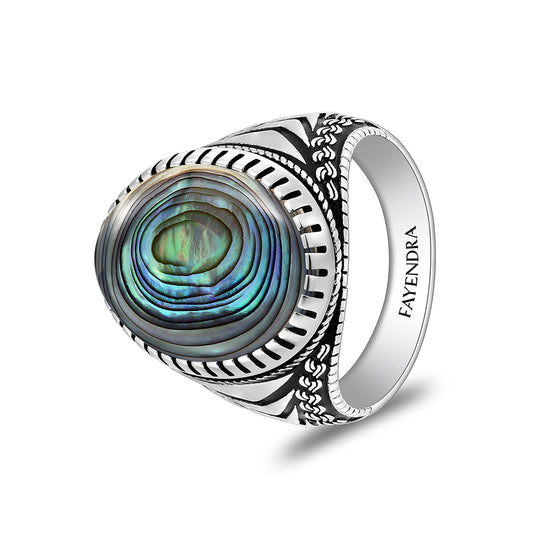Sterling Silver 925 Ring Rhodium And Black Plated Embedded With Blue Shell Cabochon For Men