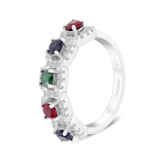 خاتم من الفضة الخالصة عيار 925 مطلي روديوم احجار ملونة و فص ابيض