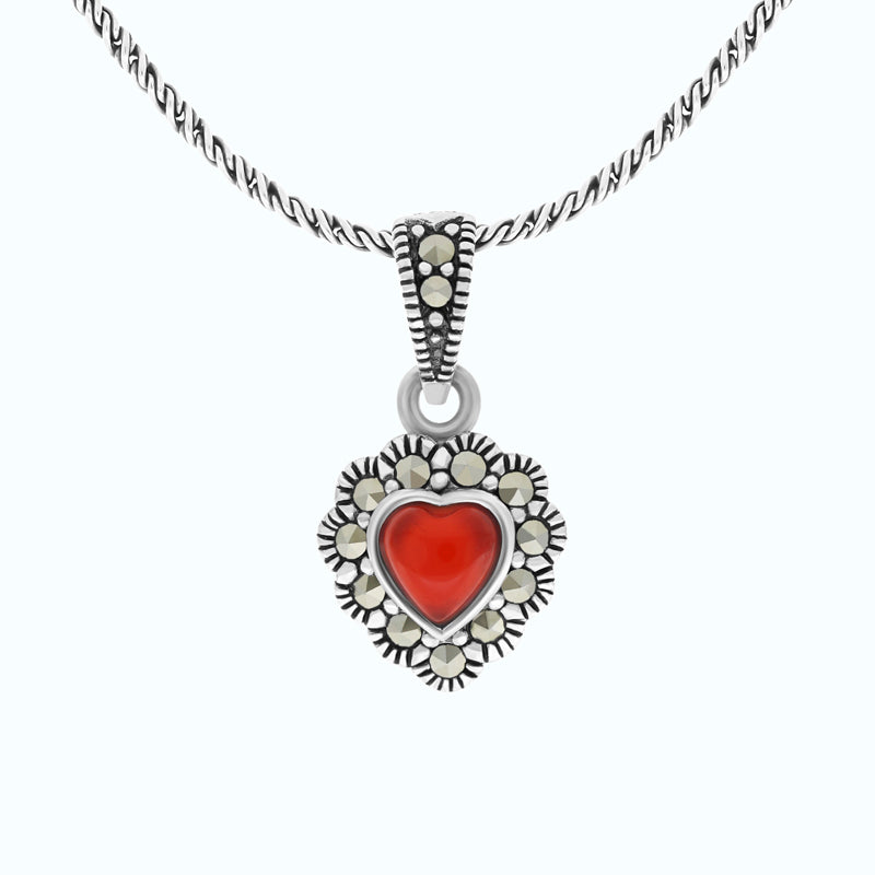 Sterling Silver 925 Pendant Embedded With Natural Aqiq And Marcasite Stones