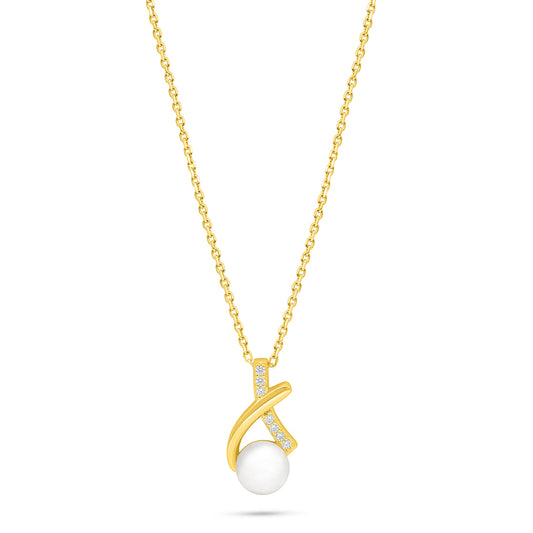 Sterling Silver 925 Necklace Golden Plated Embedded With Natural White Pearl And White Zircon