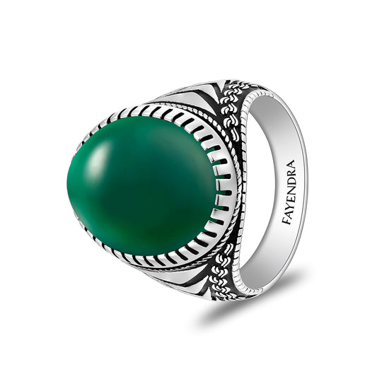 Sterling Silver 925 Ring Rhodium And Black Plated Embedded With Green Agate Cabochon For Men