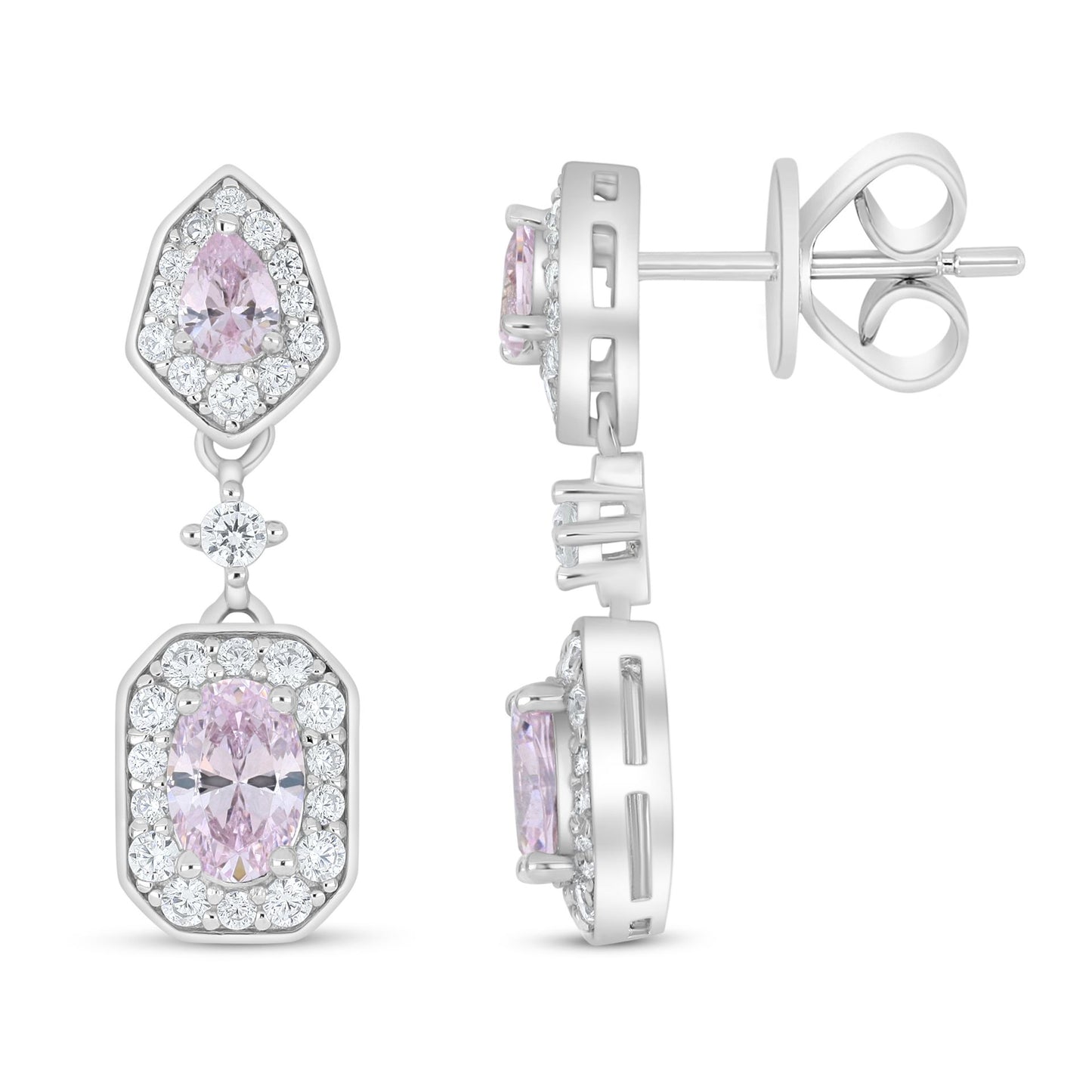 Sterling Silver 925 Earring Rhodium Plated Embedded With Pink Zircon And White Zircon