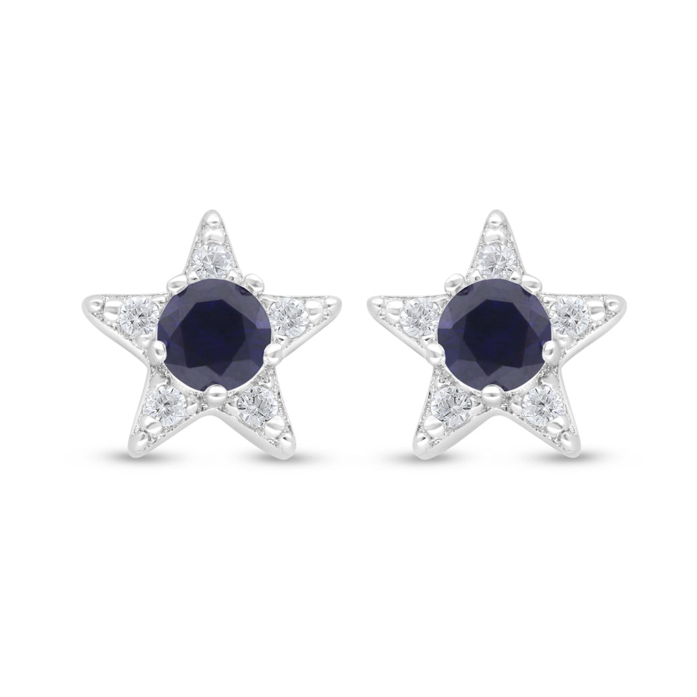 Sterling Silver 925 Earring Rhodium Plated Embedded With Sapphire Corundum And White Zircon