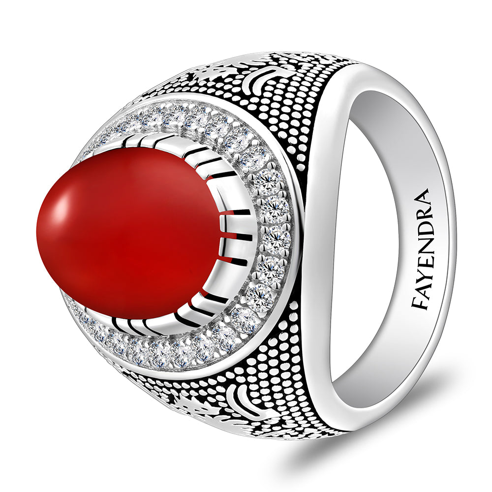 خاتم رجالي من الفضة الخالصة عيار 925 مطلي روديوم و اسود مرصع احجار عقيق احمر كابشون و فص ابيض