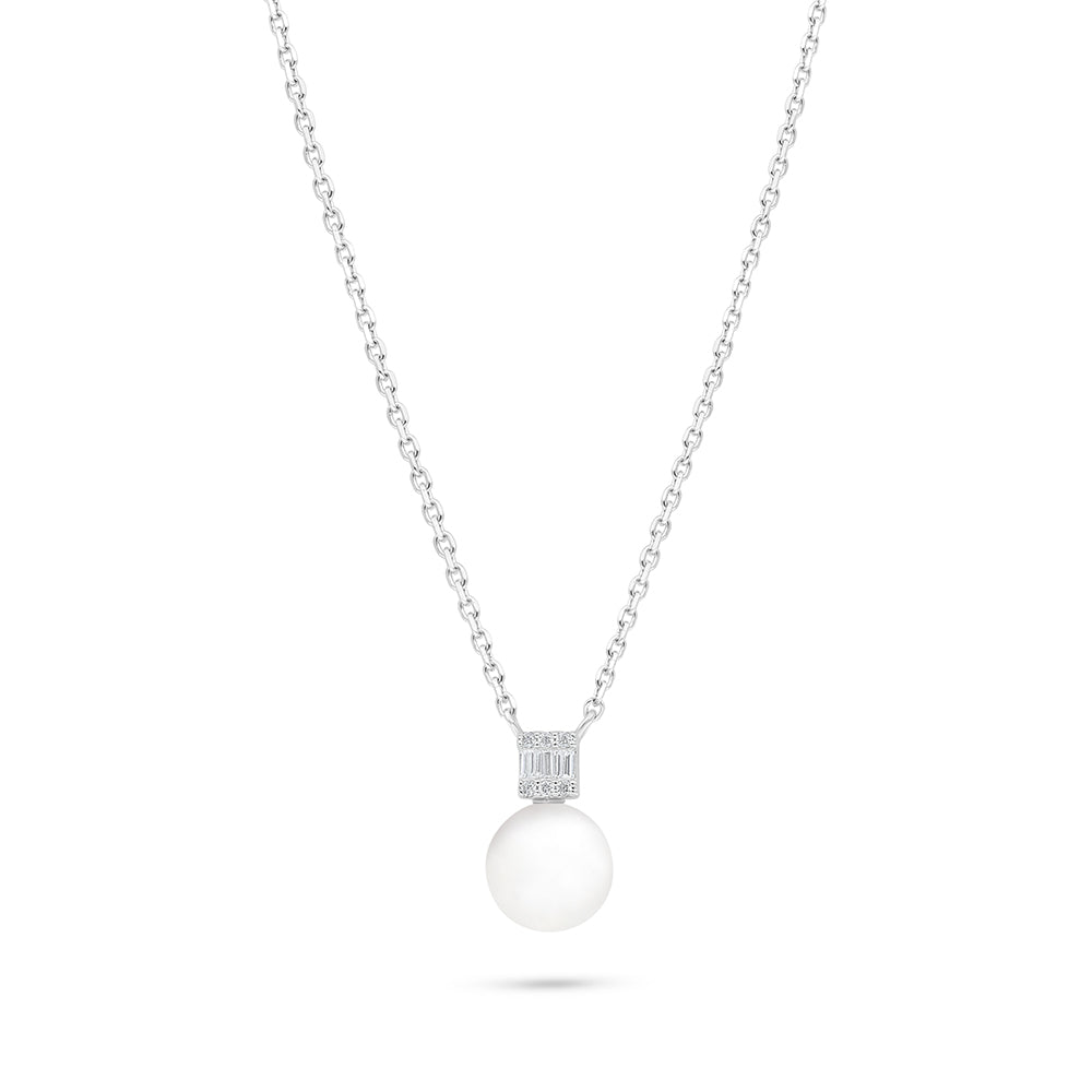 Sterling Silver 925 Necklace Rhodium Plated Embedded With Natural White Pearl, Diamond Zircon And White Zircon