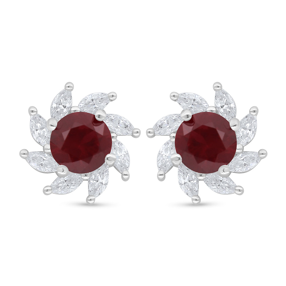 Sterling Silver 925 Earring Rhodium Plated Embedded With Ruby Corundum And White Zircon