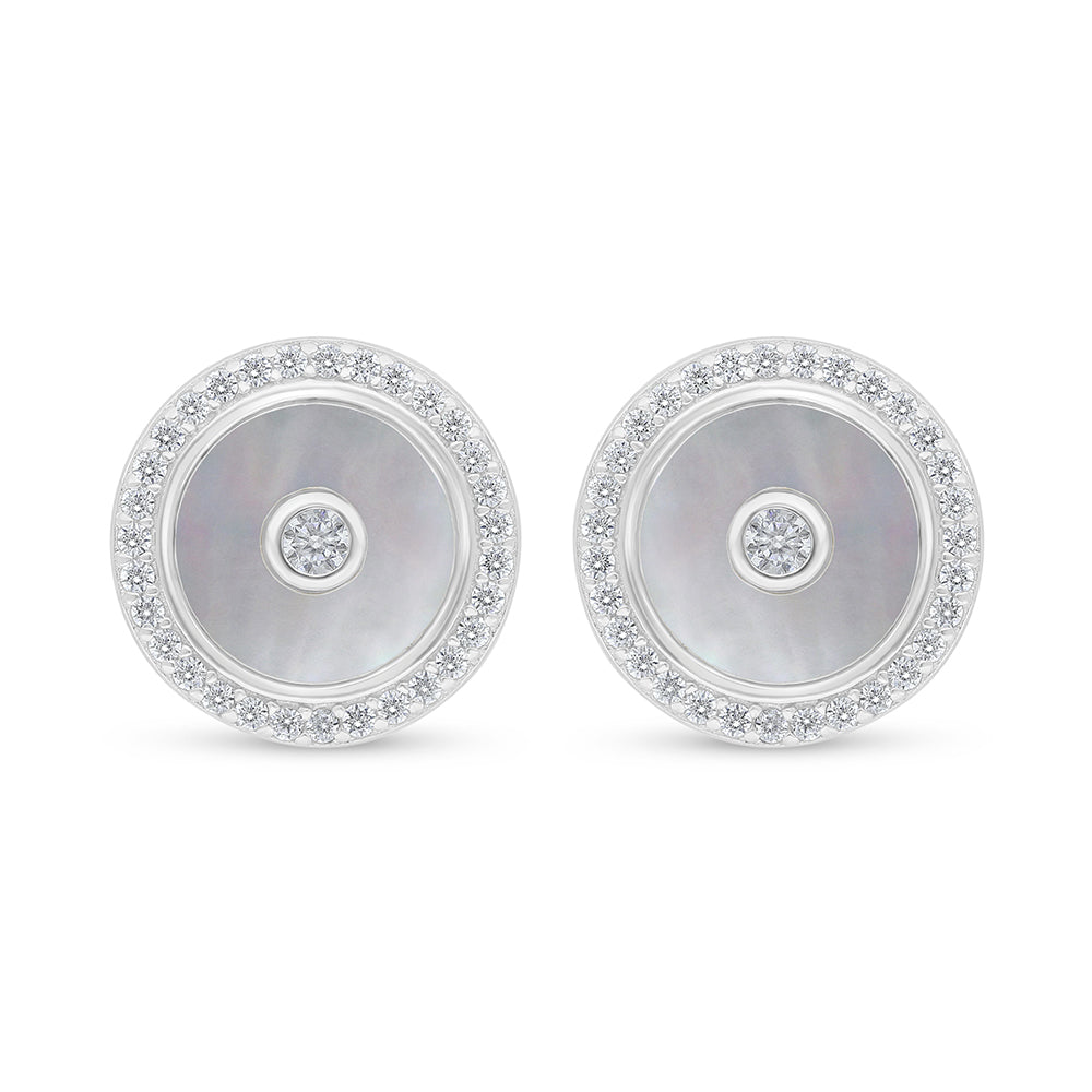Sterling Silver 925 Earring Rhodium Plated Embedded With White Shell And White Zircon