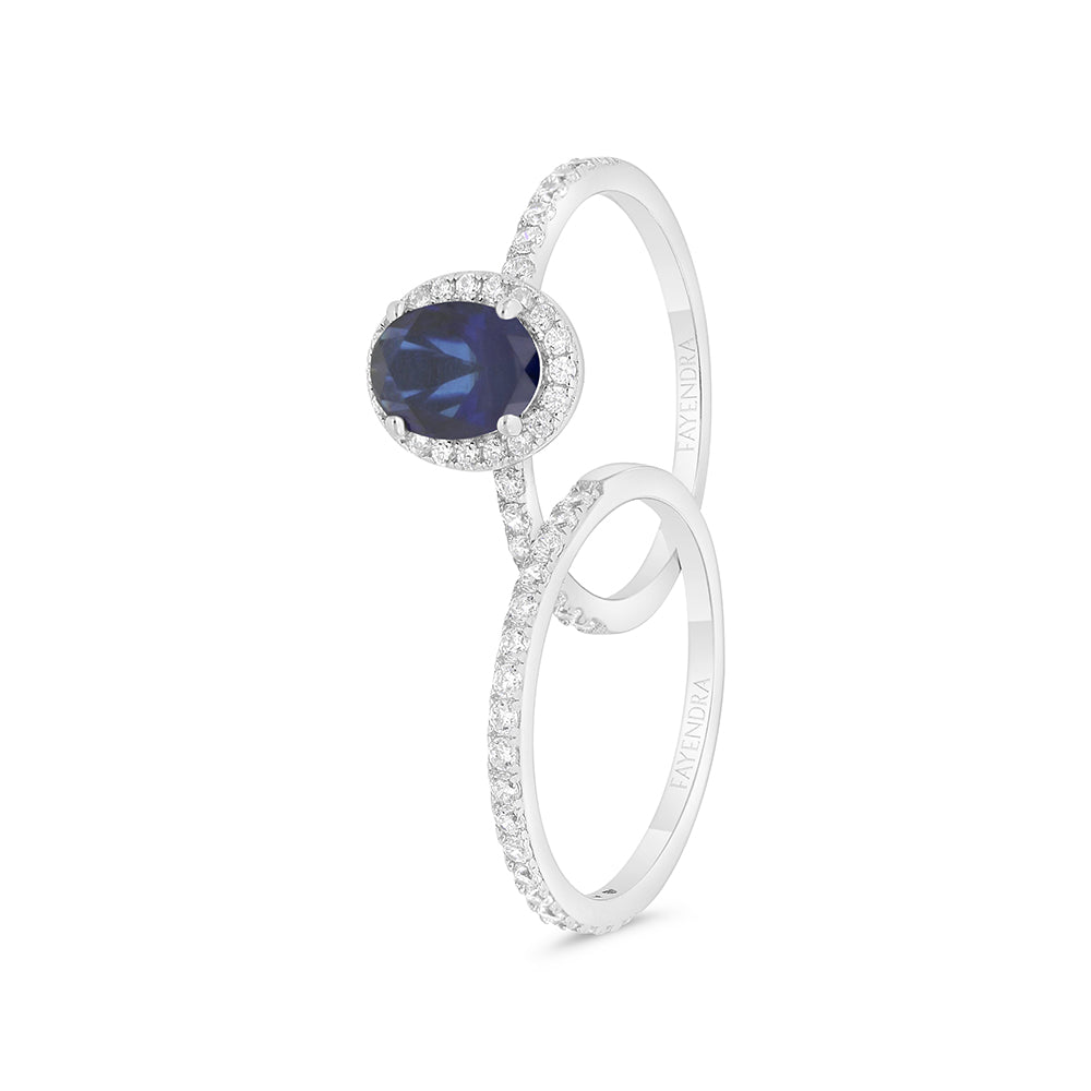 Sterling Silver 925 Ring (Twins) Rhodium Plated Embedded With Sapphire CorundumAnd White CZ