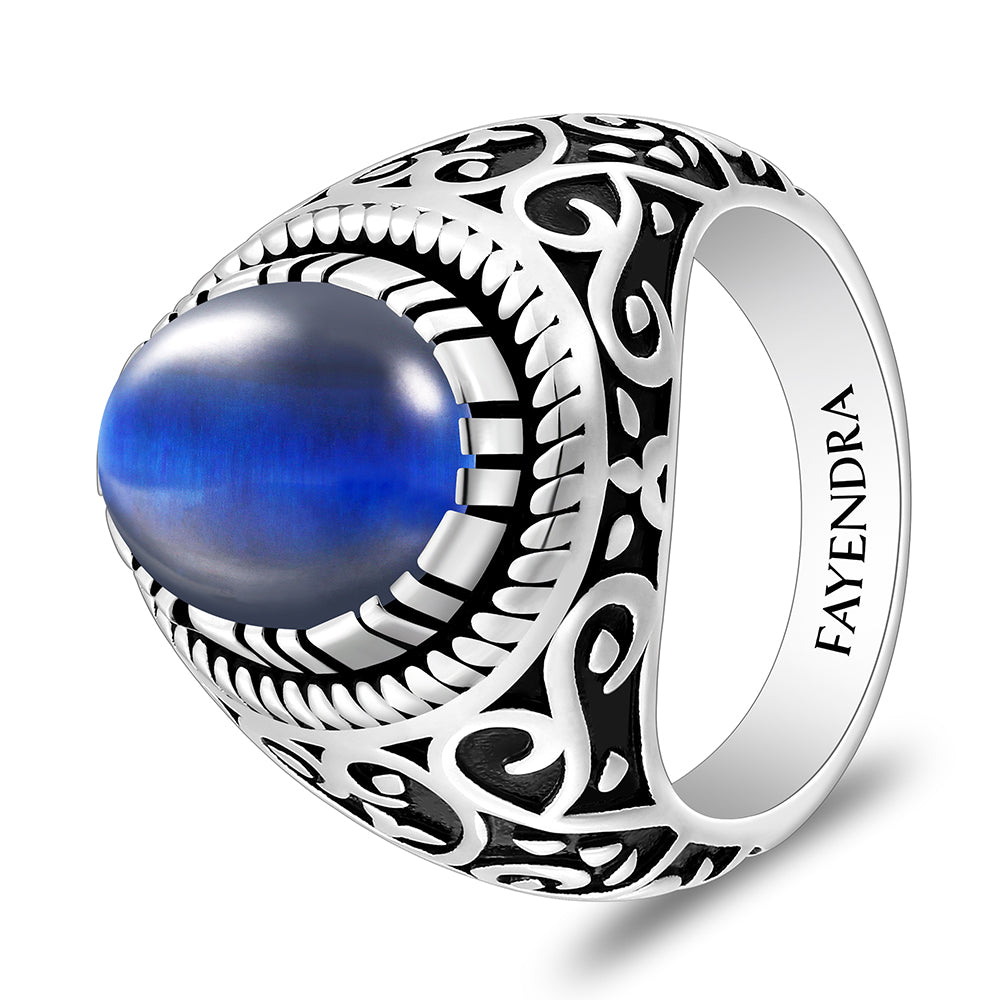 خاتم رجالي من الفضة الخالصة عيار 925 مطلي روديوم و اسود مرصع احجار عين النمر ازرق كابشون