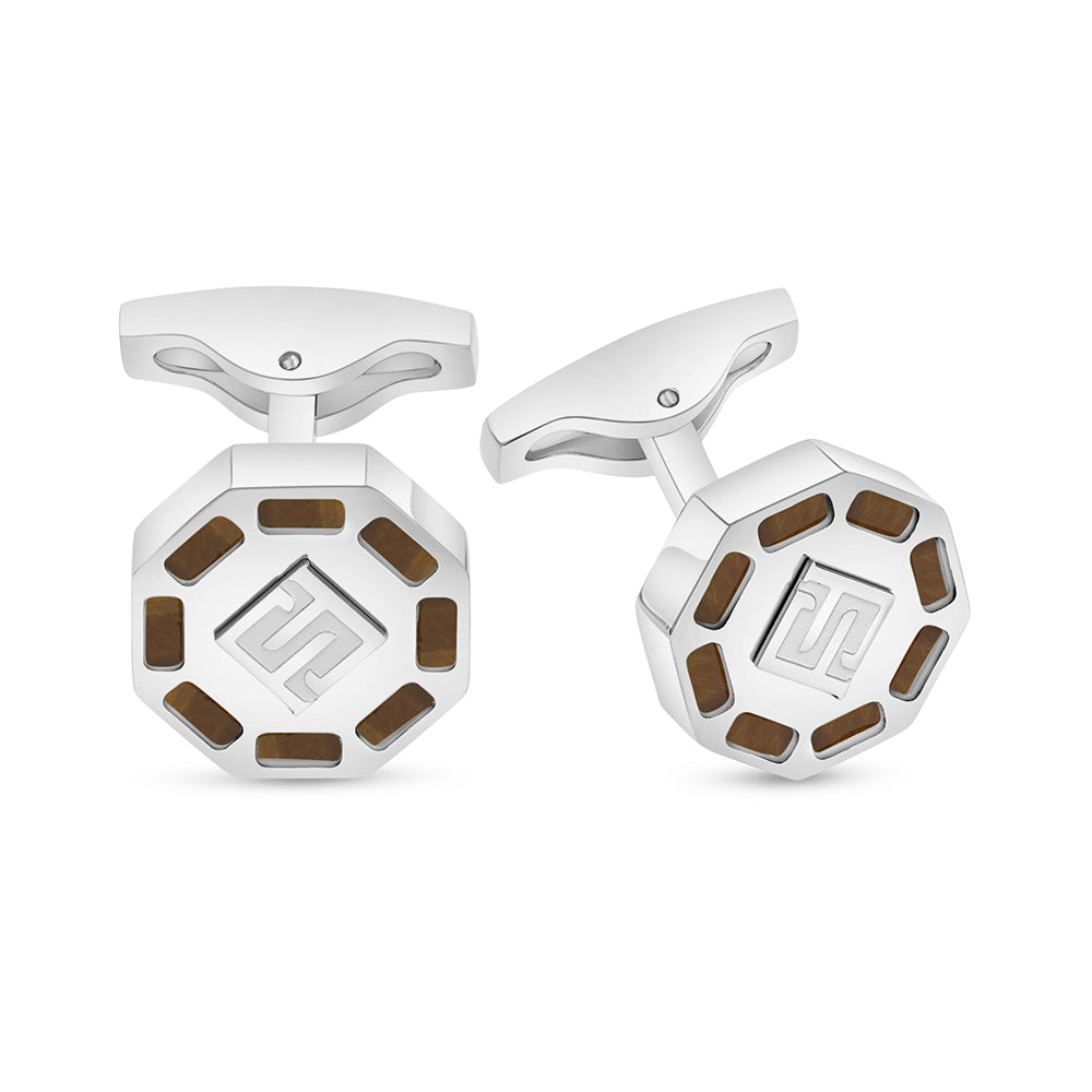 Stainless Steel Cufflink 316L Embedded With Yellow Tiger Eye Shiny Steel