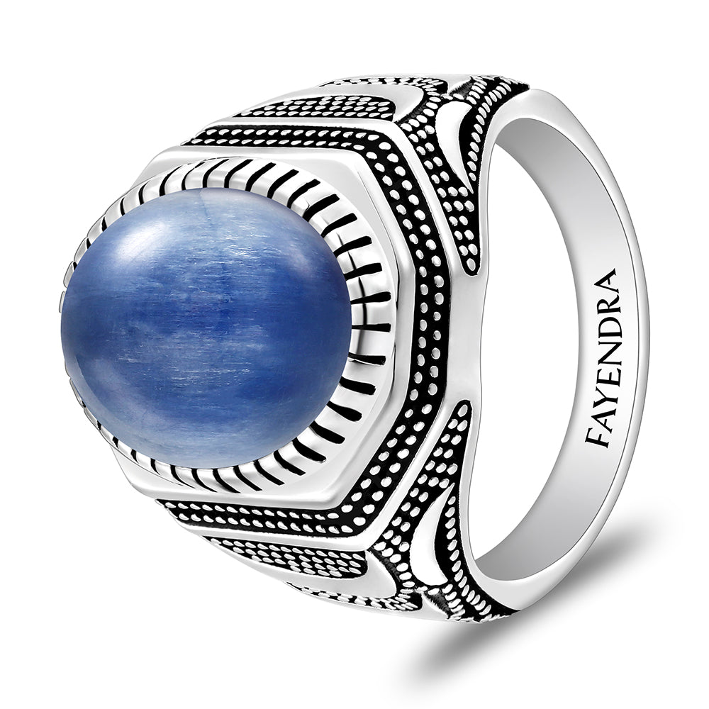 خاتم رجالي من الفضة الخالصة عيار 925 مطلي روديوم و اسود مرصع احجار كيانيت طبيعي كابشون