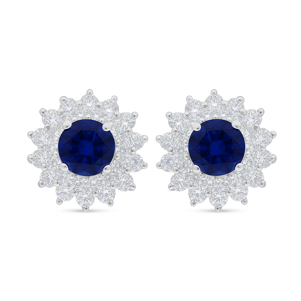 Sterling Silver 925 Earring Rhodium Plated Embedded With Sapphire Corundum And White Zircon