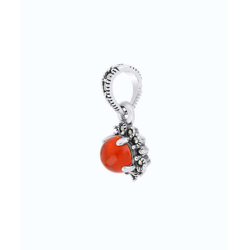 Sterling Silver 925 Pendant Embedded With Natural Aqiq And Marcasite Stones
