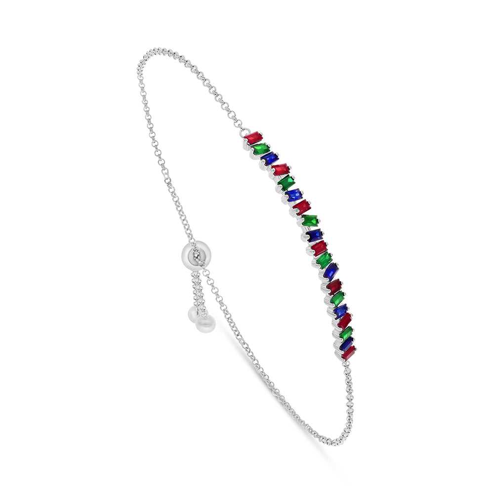 Sterling Silver 925 Bracelet Rhodium Plated Embedded With Sapphire , Ruby Corundum And Emerald Zircon