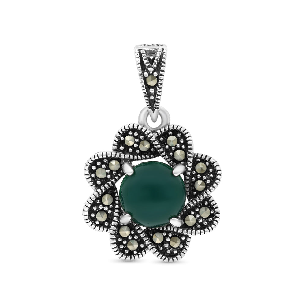 Sterling Silver 925 Pendant Embedded With Natural Green Agate And Marcasite Stones