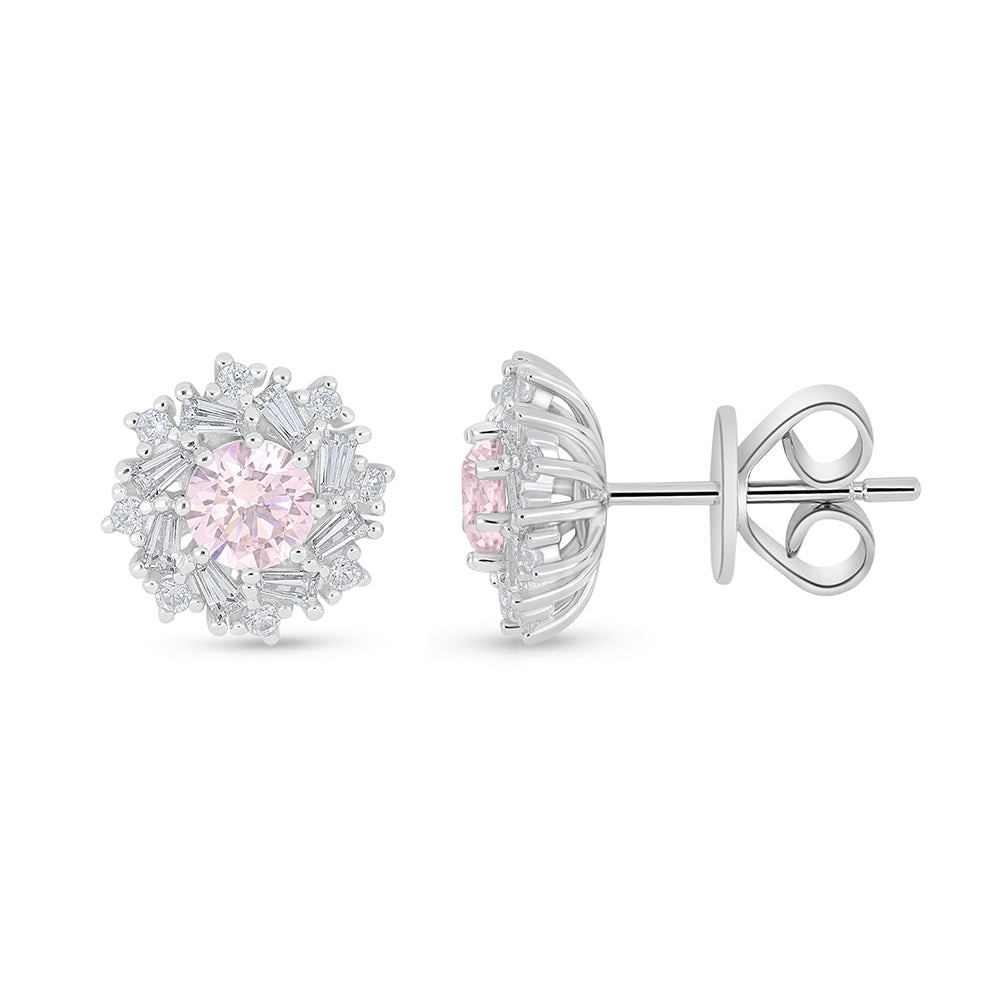 Sterling Silver 925 Earring Rhodium Plated Embedded With pink Zircon And White Zircon