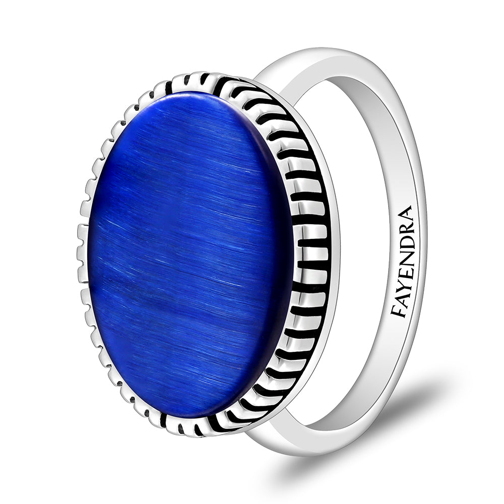 خاتم رجالي من الفضة الخالصة عيار 925 مطلي روديوم و اسود مرصع احجار عين النمر ازرق ملكي