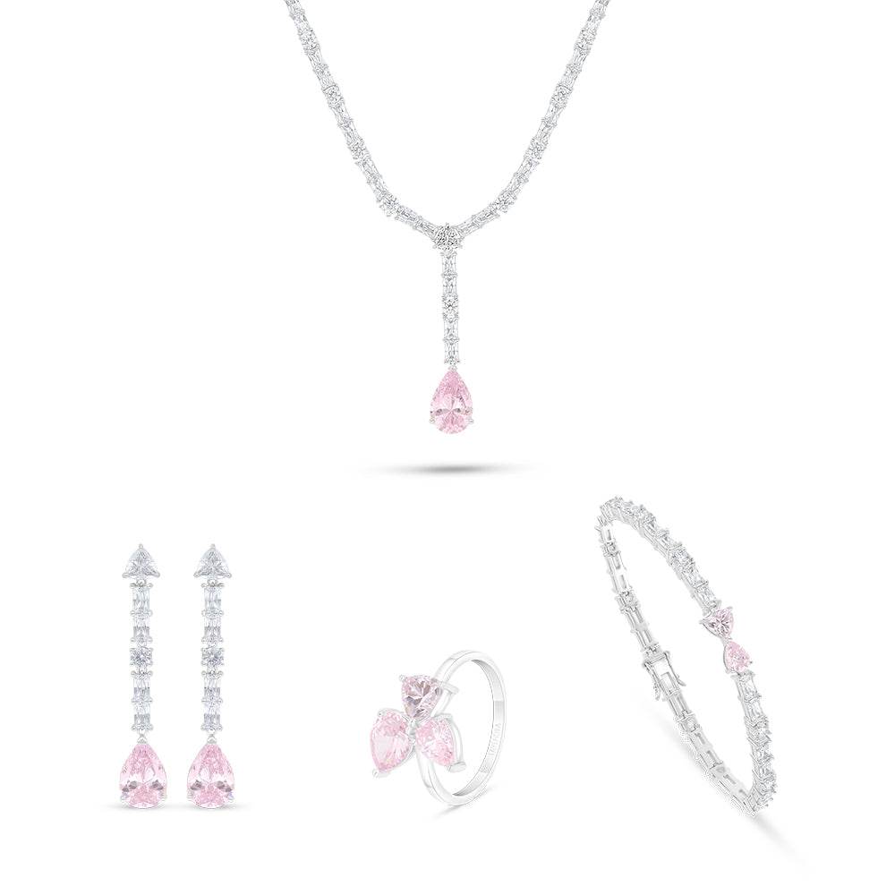 Sterling Silver 925 SET Rhodium Plated Embedded With Pink Zircon And White Zircon